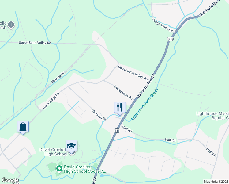 map of restaurants, bars, coffee shops, grocery stores, and more near 141 Laurel View Road in Jonesborough