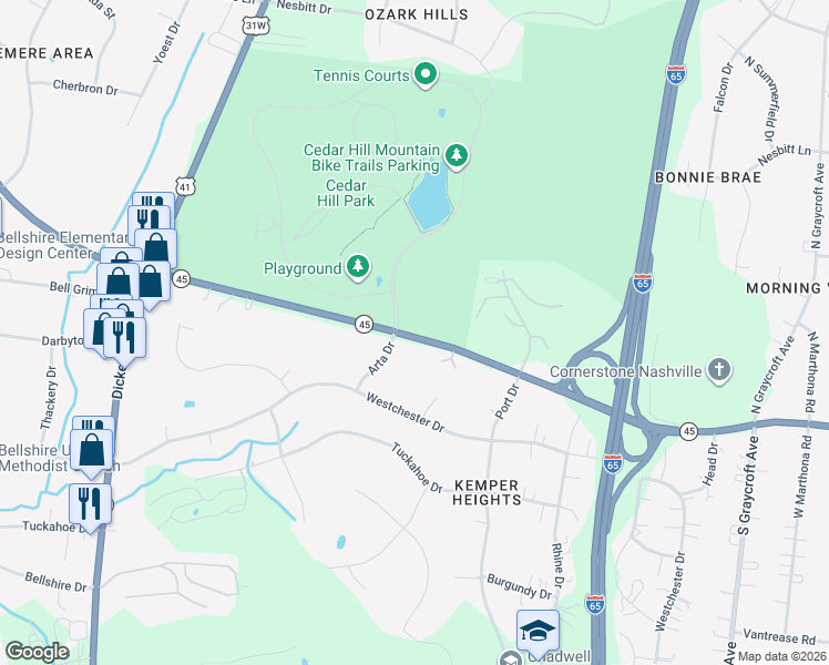 map of restaurants, bars, coffee shops, grocery stores, and more near 845 West Old Hickory Boulevard in Madison