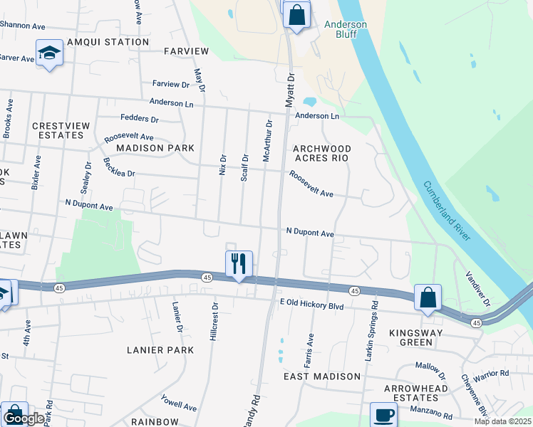 map of restaurants, bars, coffee shops, grocery stores, and more near 201 McArthur Drive in Nashville