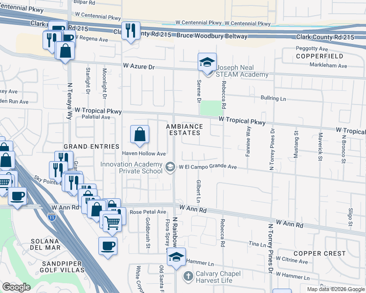 map of restaurants, bars, coffee shops, grocery stores, and more near 6781 Alpine Brooks Avenue in Las Vegas