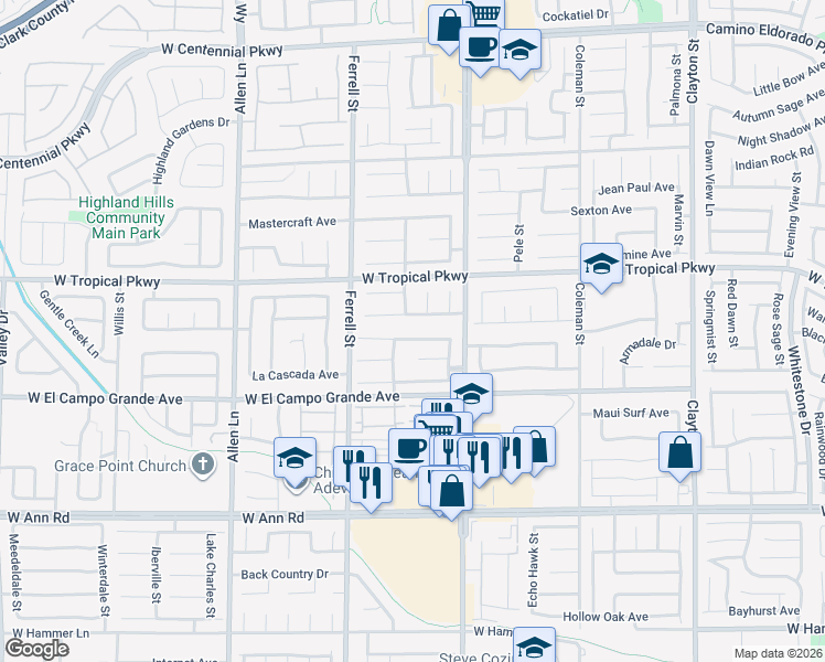 map of restaurants, bars, coffee shops, grocery stores, and more near 3021 Anchorman Way in North Las Vegas