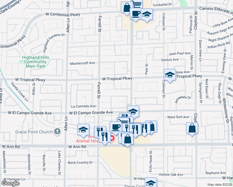 map of restaurants, bars, coffee shops, grocery stores, and more near 3018 Anchorman Way in North Las Vegas