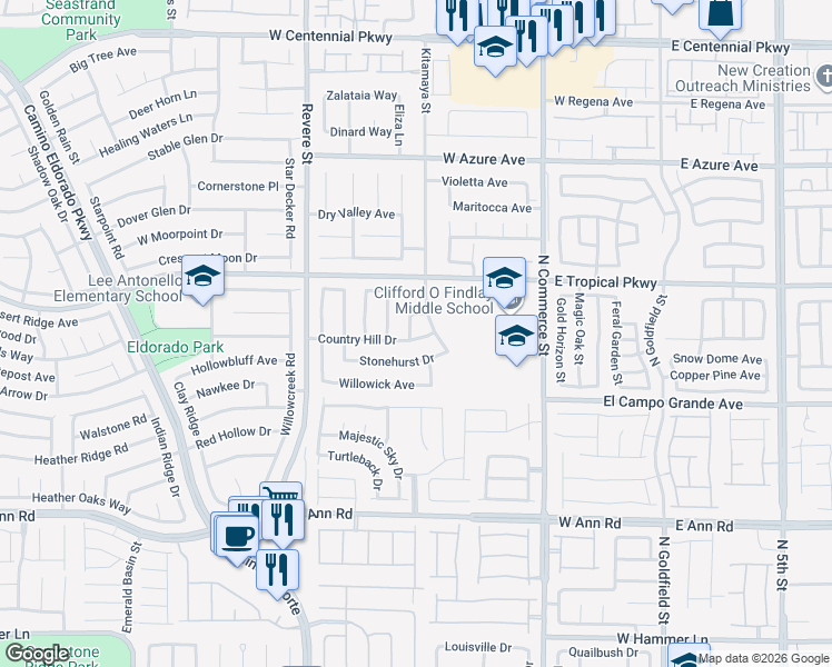 map of restaurants, bars, coffee shops, grocery stores, and more near 516 Country Hill Drive in North Las Vegas