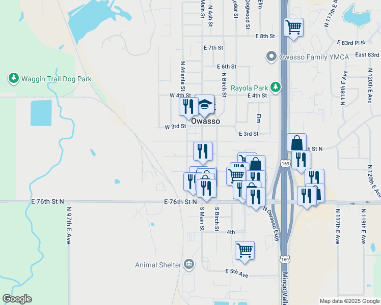 map of restaurants, bars, coffee shops, grocery stores, and more near 9 North Atlanta Street in Owasso