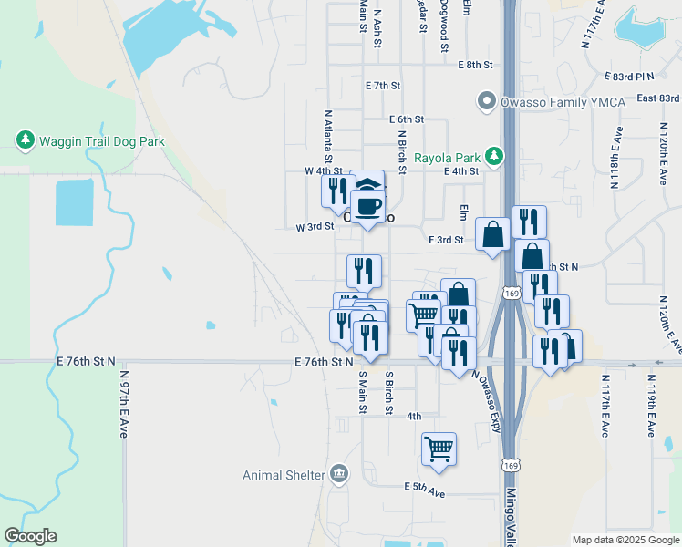 map of restaurants, bars, coffee shops, grocery stores, and more near 9 North Atlanta Street in Owasso