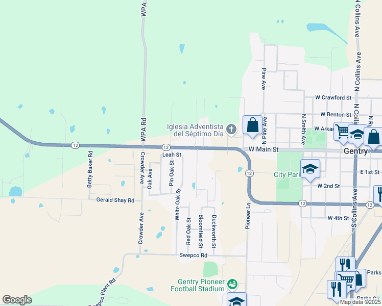 map of restaurants, bars, coffee shops, grocery stores, and more near 1339 West Main Street in Gentry