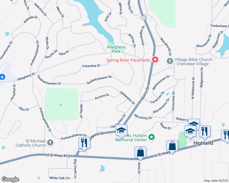 map of restaurants, bars, coffee shops, grocery stores, and more near 16 Oklawaha Drive in Cherokee Village