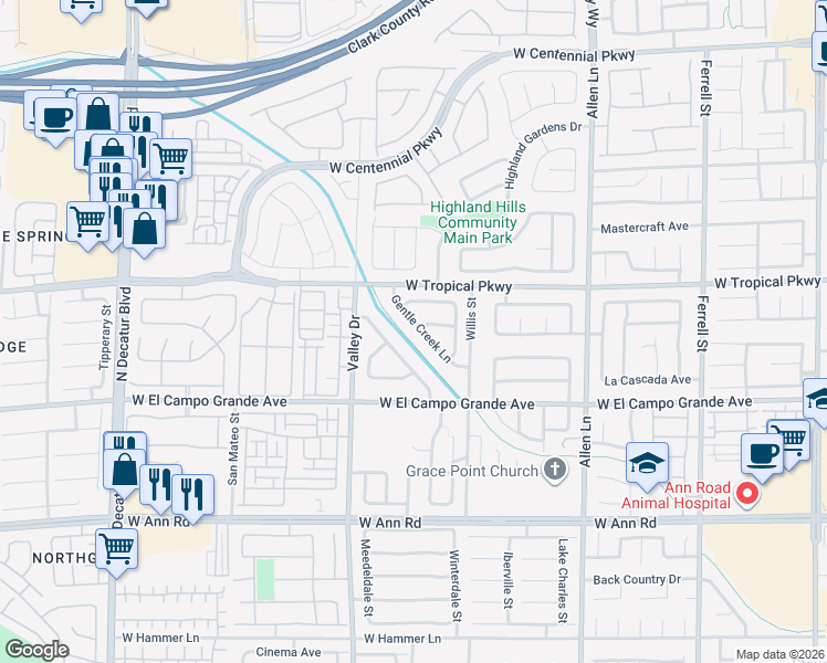 map of restaurants, bars, coffee shops, grocery stores, and more near 5917 Gentle Creek Lane in North Las Vegas