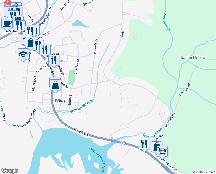 map of restaurants, bars, coffee shops, grocery stores, and more near 106 Oliver Street in Ashland City