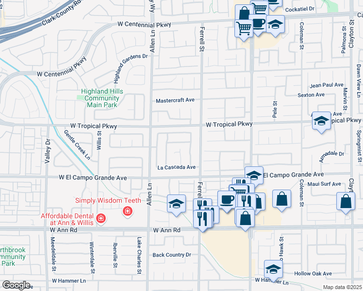 map of restaurants, bars, coffee shops, grocery stores, and more near 3417 Casa Alto Avenue in North Las Vegas
