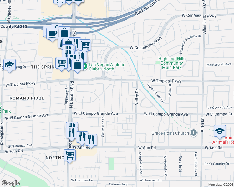 map of restaurants, bars, coffee shops, grocery stores, and more near 5855 Valley Drive in North Las Vegas