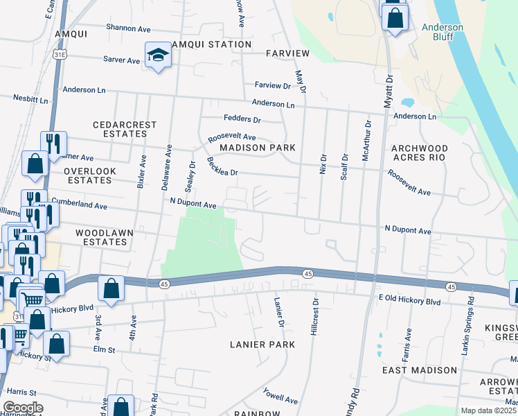 map of restaurants, bars, coffee shops, grocery stores, and more near 601 North Dupont Avenue in Nashville