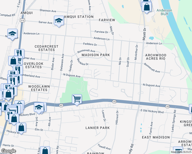map of restaurants, bars, coffee shops, grocery stores, and more near 601 North Dupont Avenue in Nashville