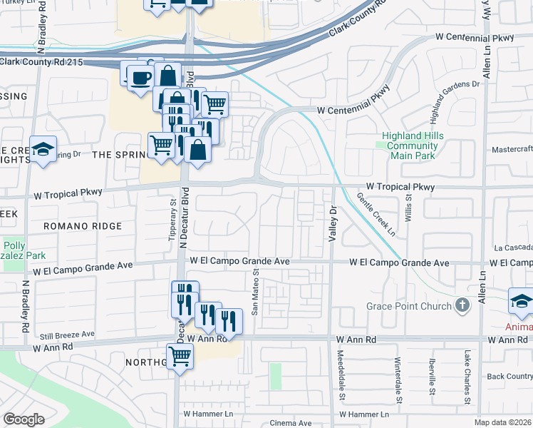 map of restaurants, bars, coffee shops, grocery stores, and more near 5950 Barbosa Drive in North Las Vegas