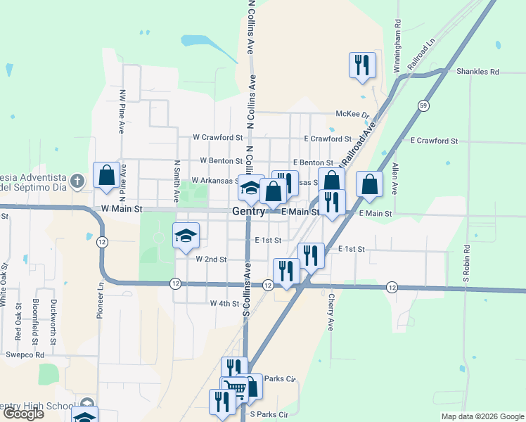 map of restaurants, bars, coffee shops, grocery stores, and more near 70 East Main Street in Gentry