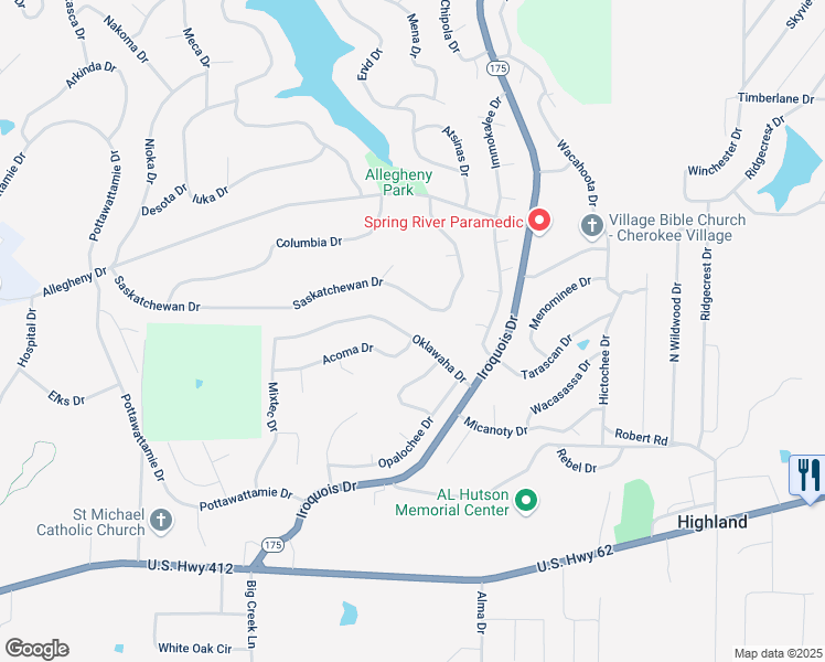 map of restaurants, bars, coffee shops, grocery stores, and more near 16 Oklawaha Drive in Cherokee Village