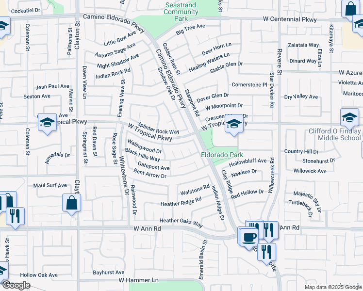 map of restaurants, bars, coffee shops, grocery stores, and more near 5870 Prairie Ridge Circle in North Las Vegas