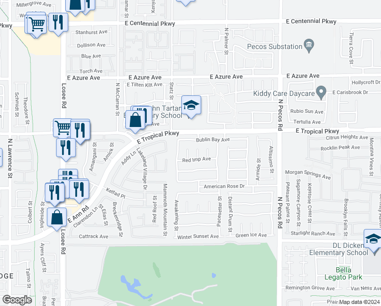 map of restaurants, bars, coffee shops, grocery stores, and more near 5912 Pearlie May Court in North Las Vegas