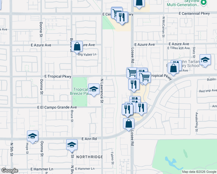 map of restaurants, bars, coffee shops, grocery stores, and more near 2105 Puffer Beach Court in North Las Vegas