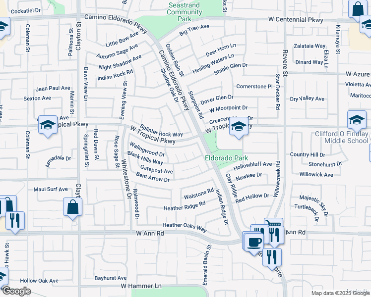map of restaurants, bars, coffee shops, grocery stores, and more near 5870 Prairie Ridge Circle in North Las Vegas