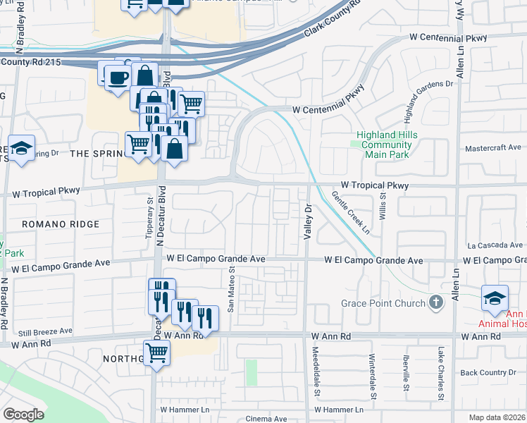 map of restaurants, bars, coffee shops, grocery stores, and more near 5855 Valley Drive in North Las Vegas