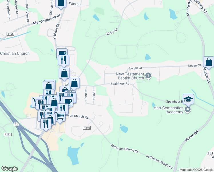 map of restaurants, bars, coffee shops, grocery stores, and more near 512 Spainhour Road in King