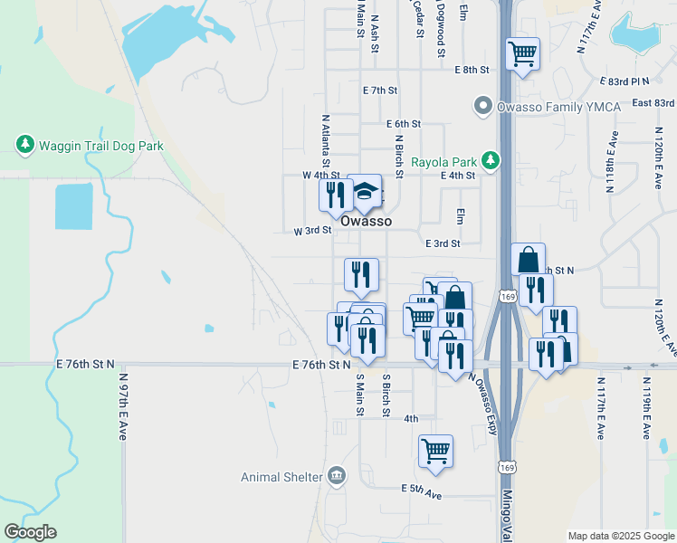 map of restaurants, bars, coffee shops, grocery stores, and more near 9 North Atlanta Street in Owasso