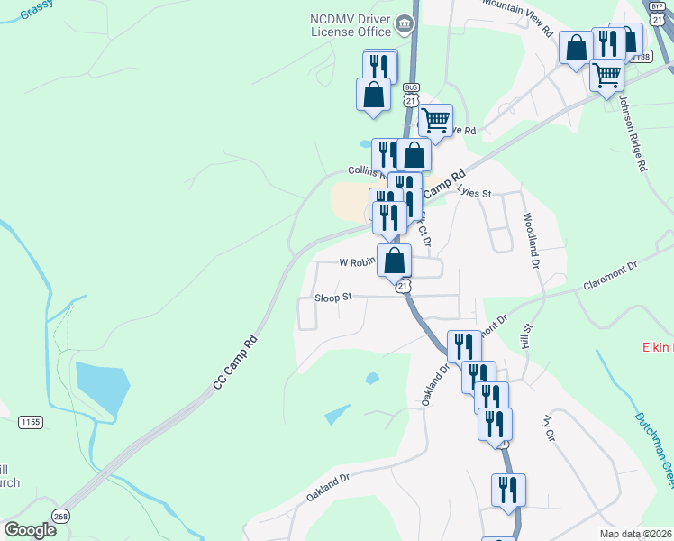 map of restaurants, bars, coffee shops, grocery stores, and more near 114 North Kirkland Avenue in Elkin