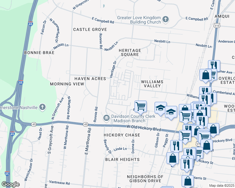 map of restaurants, bars, coffee shops, grocery stores, and more near 105 Heritage Trace Drive in Nashville