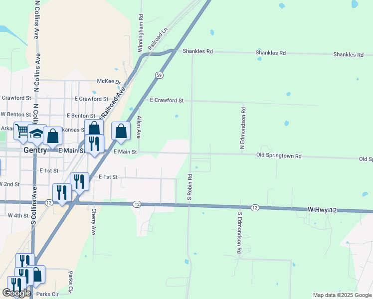 map of restaurants, bars, coffee shops, grocery stores, and more near 1298 East Main Street in Gentry