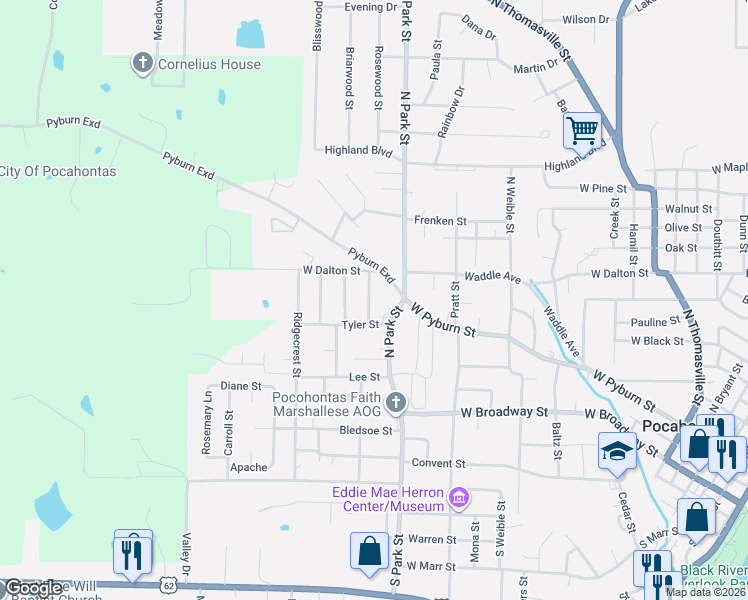 map of restaurants, bars, coffee shops, grocery stores, and more near 1001 Clayton Street in Pocahontas