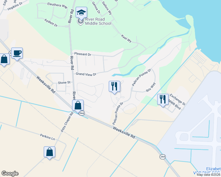 map of restaurants, bars, coffee shops, grocery stores, and more near 133 Spoonbill Loop in Elizabeth City