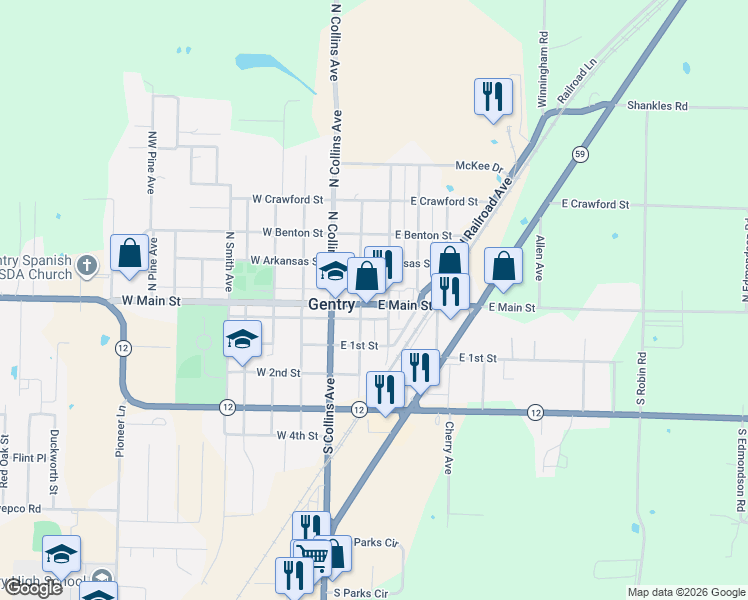 map of restaurants, bars, coffee shops, grocery stores, and more near 216 East Main Street in Gentry