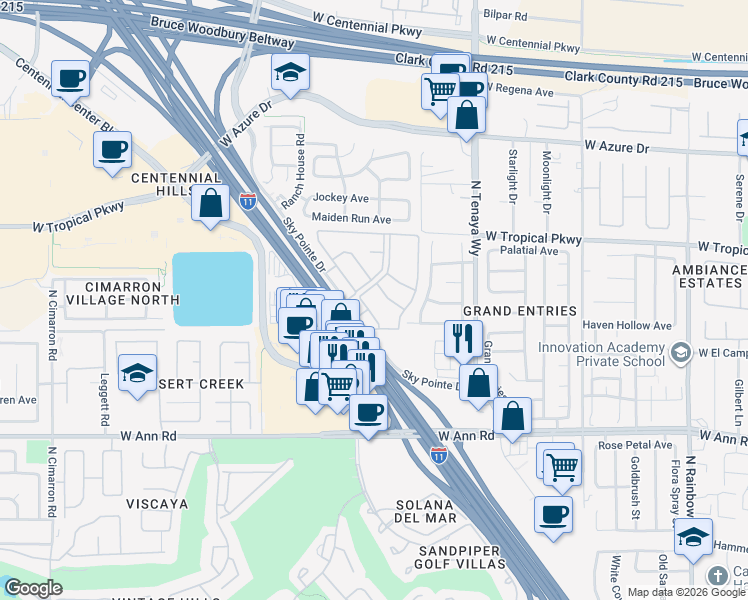 map of restaurants, bars, coffee shops, grocery stores, and more near 5850 Sky Pointe Drive in Las Vegas