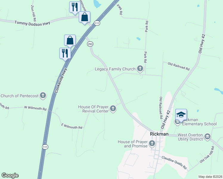map of restaurants, bars, coffee shops, grocery stores, and more near 279 E Wilmouth Rd in Cookeville