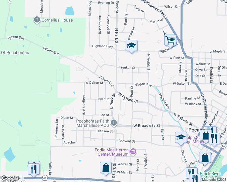 map of restaurants, bars, coffee shops, grocery stores, and more near 1003 North Park Street in Pocahontas