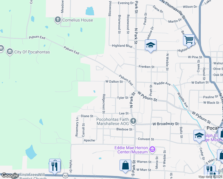 map of restaurants, bars, coffee shops, grocery stores, and more near 1002 Wyatt Street in Pocahontas