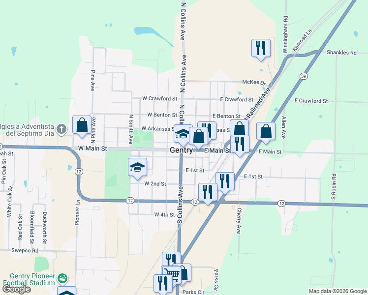 map of restaurants, bars, coffee shops, grocery stores, and more near 70 East Main Street in Gentry