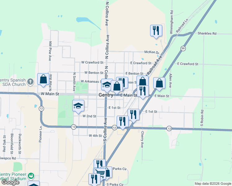 map of restaurants, bars, coffee shops, grocery stores, and more near 206 East Main Street in Gentry