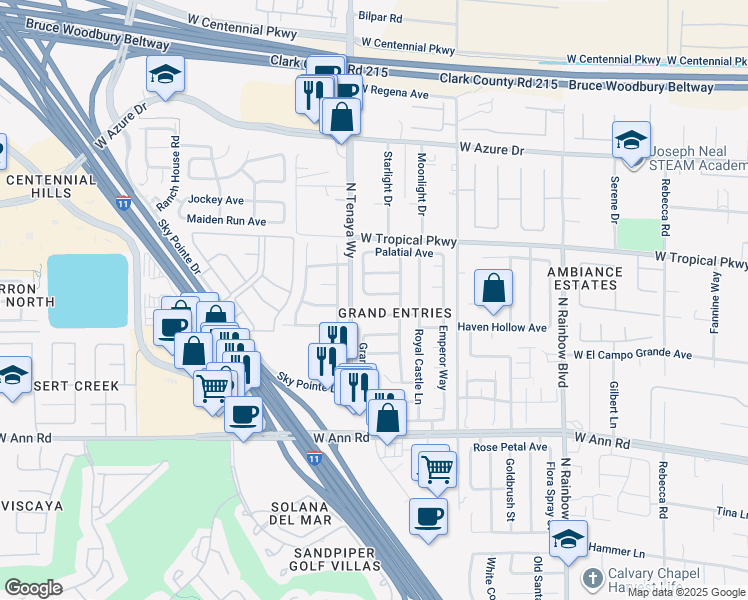 map of restaurants, bars, coffee shops, grocery stores, and more near 7225 Pisa Avenue in Las Vegas
