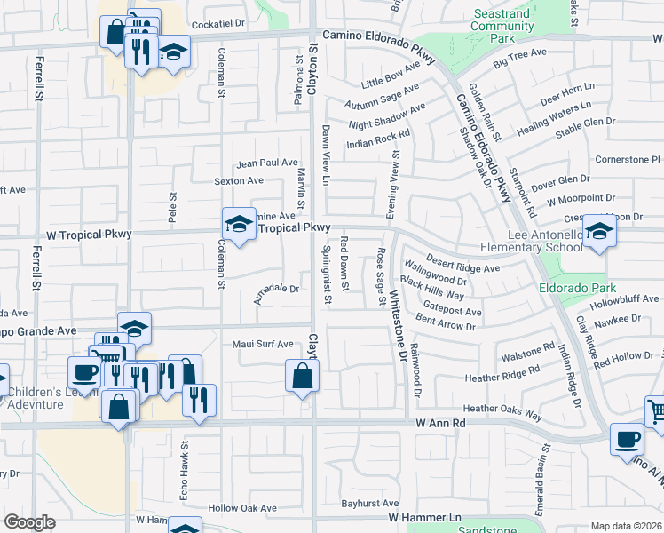 map of restaurants, bars, coffee shops, grocery stores, and more near 5914 Springmist Street in North Las Vegas