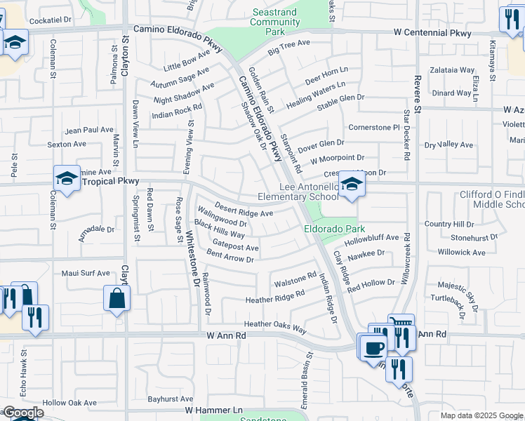 map of restaurants, bars, coffee shops, grocery stores, and more near 1520 Desert Ridge Avenue in North Las Vegas