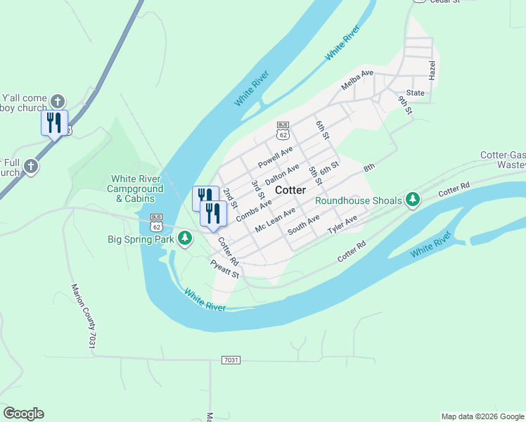 map of restaurants, bars, coffee shops, grocery stores, and more near 3rd Street in Cotter