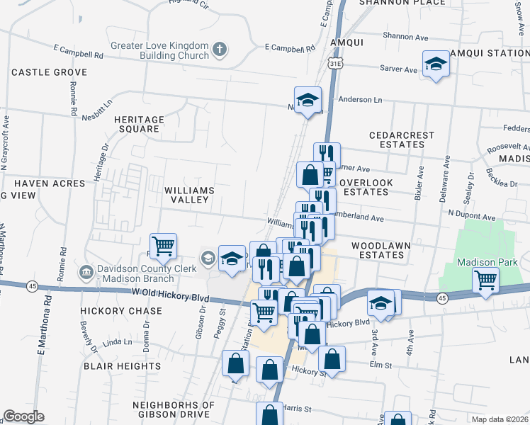 map of restaurants, bars, coffee shops, grocery stores, and more near Williams Avenue in Nashville