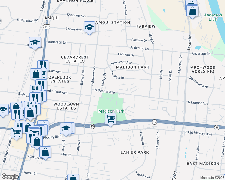 map of restaurants, bars, coffee shops, grocery stores, and more near 555 North Dupont Avenue in Nashville