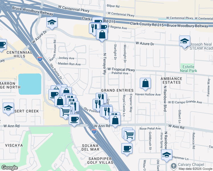 map of restaurants, bars, coffee shops, grocery stores, and more near 7233 London Bridge Avenue in Las Vegas