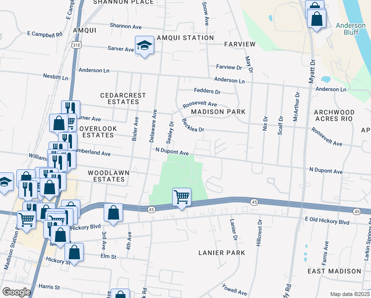 map of restaurants, bars, coffee shops, grocery stores, and more near 555 North Dupont Avenue in Nashville