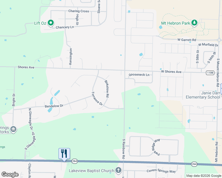 map of restaurants, bars, coffee shops, grocery stores, and more near 406 Birkshire Road in Cave Springs