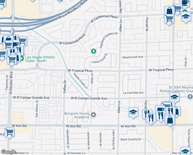 map of restaurants, bars, coffee shops, grocery stores, and more near 5925 Rolling Creek Street in North Las Vegas