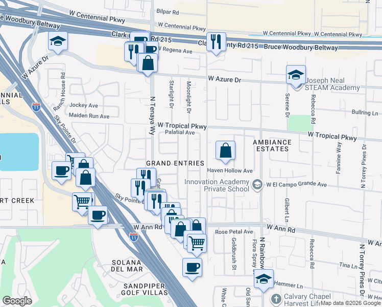 map of restaurants, bars, coffee shops, grocery stores, and more near 5820 Royal Castle Lane in Las Vegas